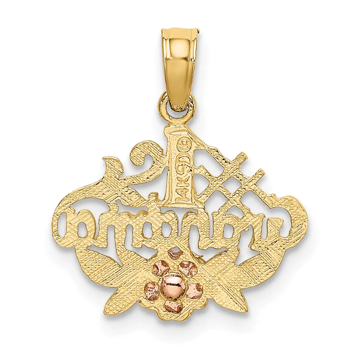 14k Two Tone Gold Script #1 GRANDMA with Flower, Leaf Design Pendant