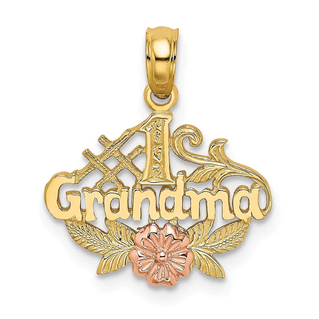 14k Two Tone Gold Script #1 GRANDMA with Flower, Leaf Design Pendant