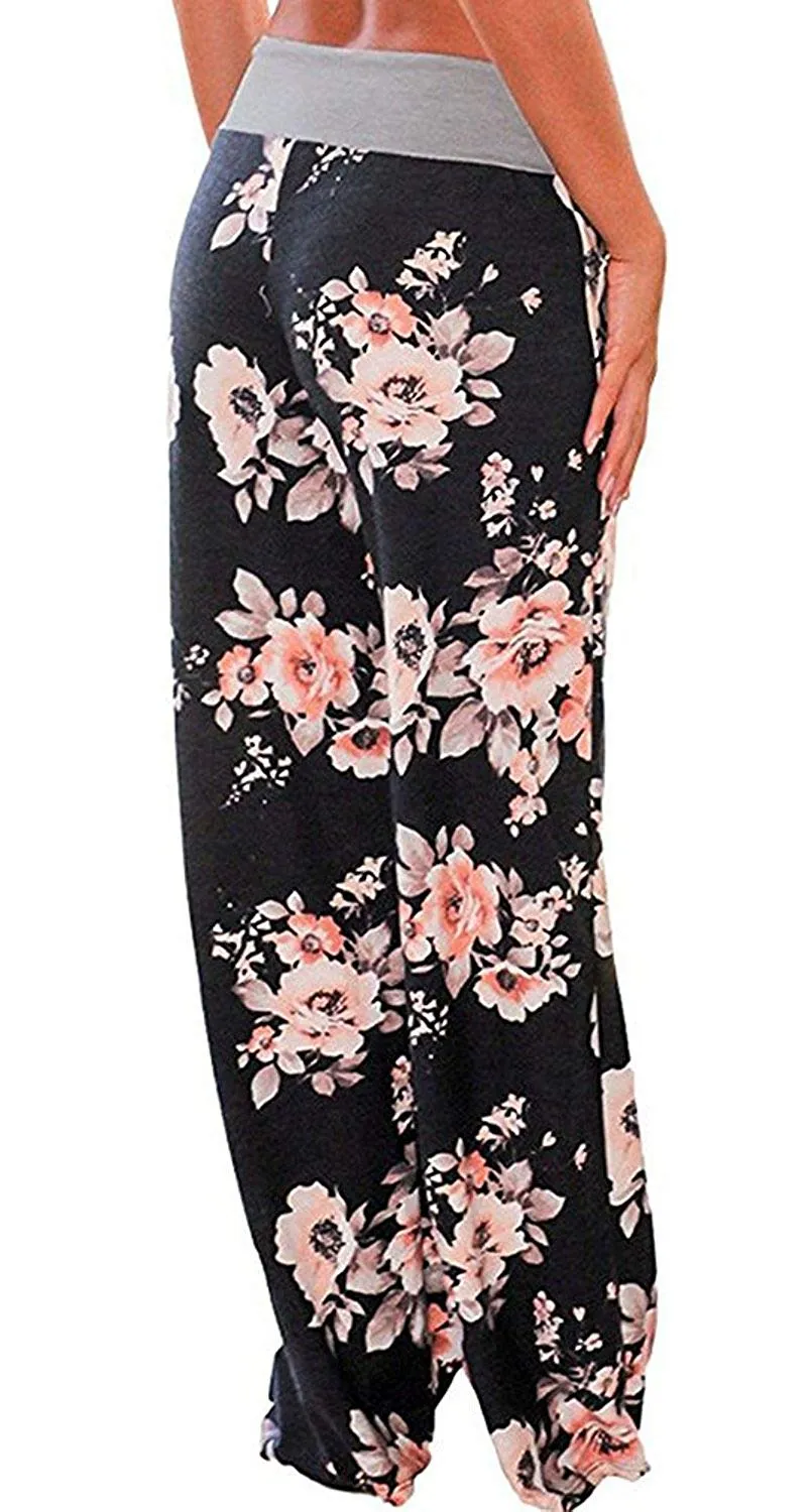 AMiERY - Pantalones de mujer con estampado floral y cordón para salón Palazzo