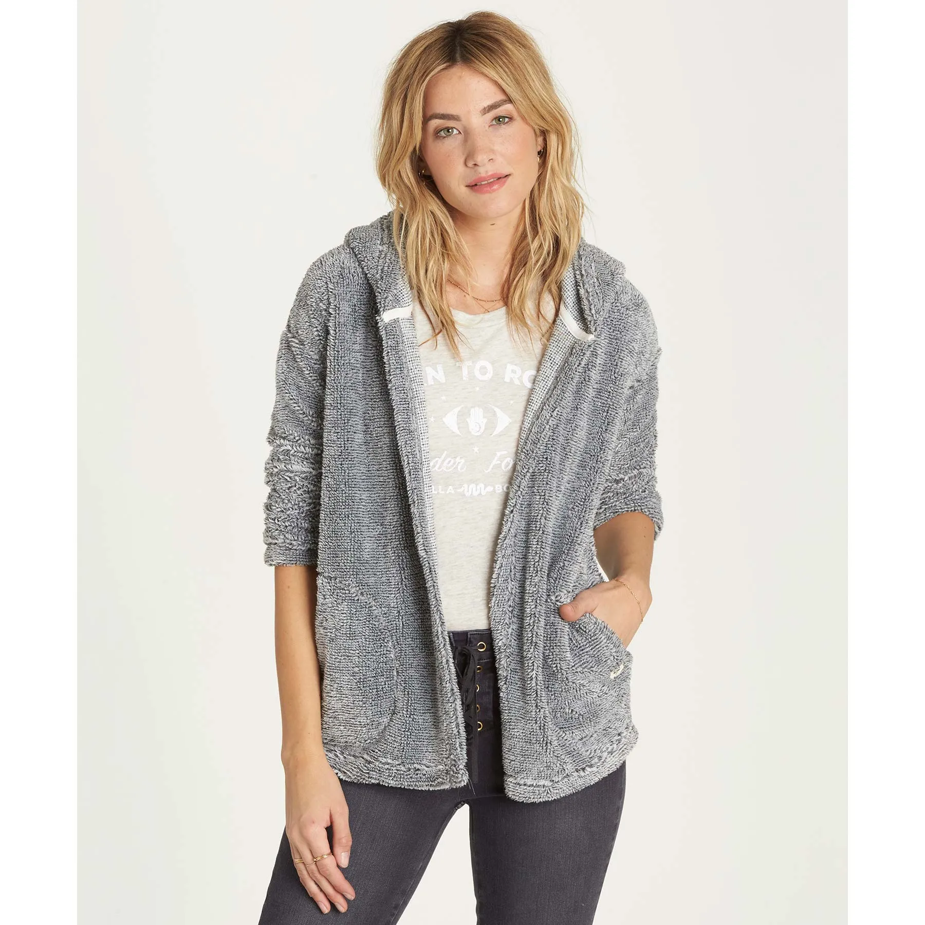 Billabong Women's Stay Cozy Faux Fur Hooded Jacket | Black & White