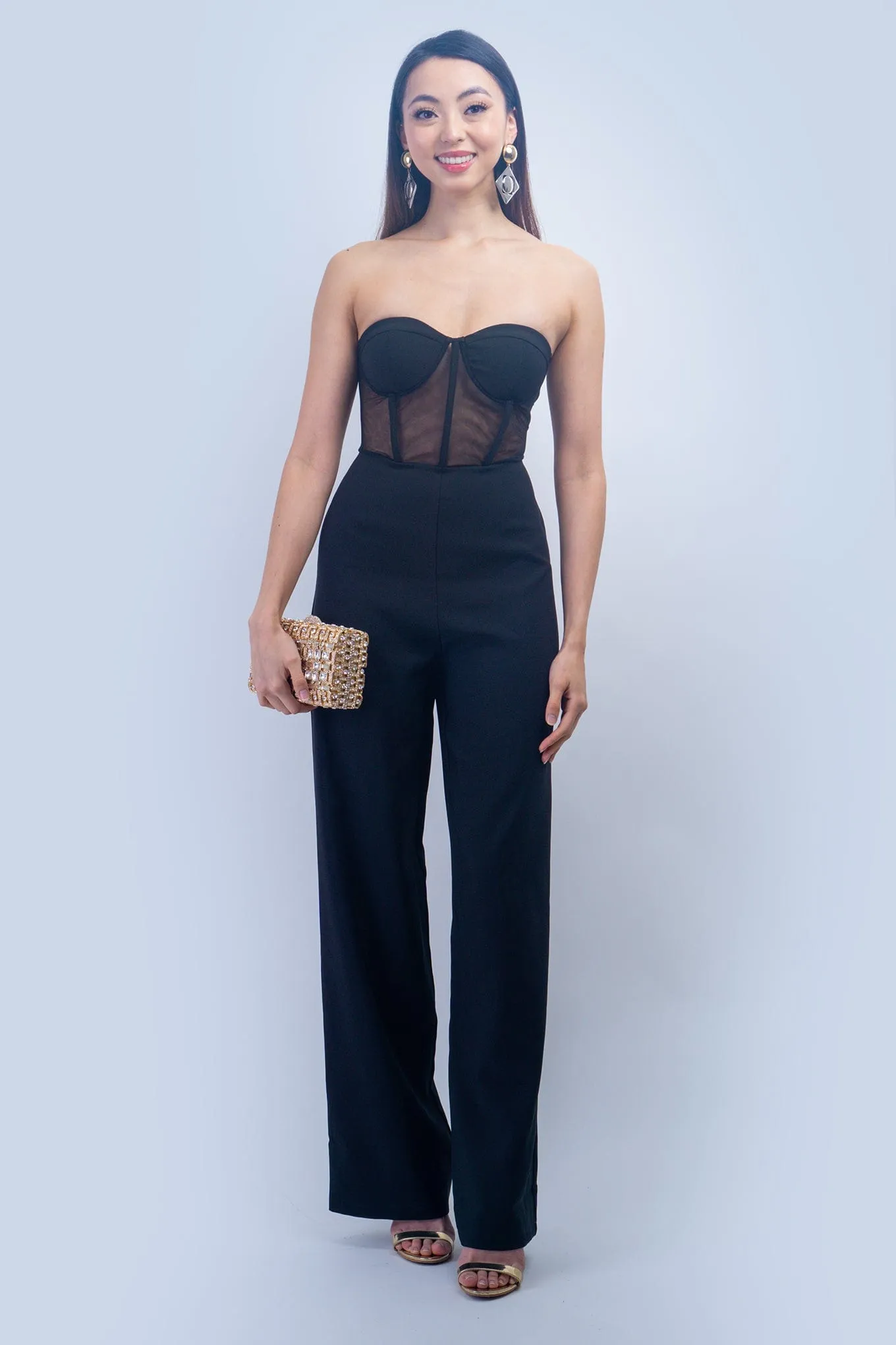 Black Strapless Corset Jumpsuit with Wrap One Shoulder Jacket