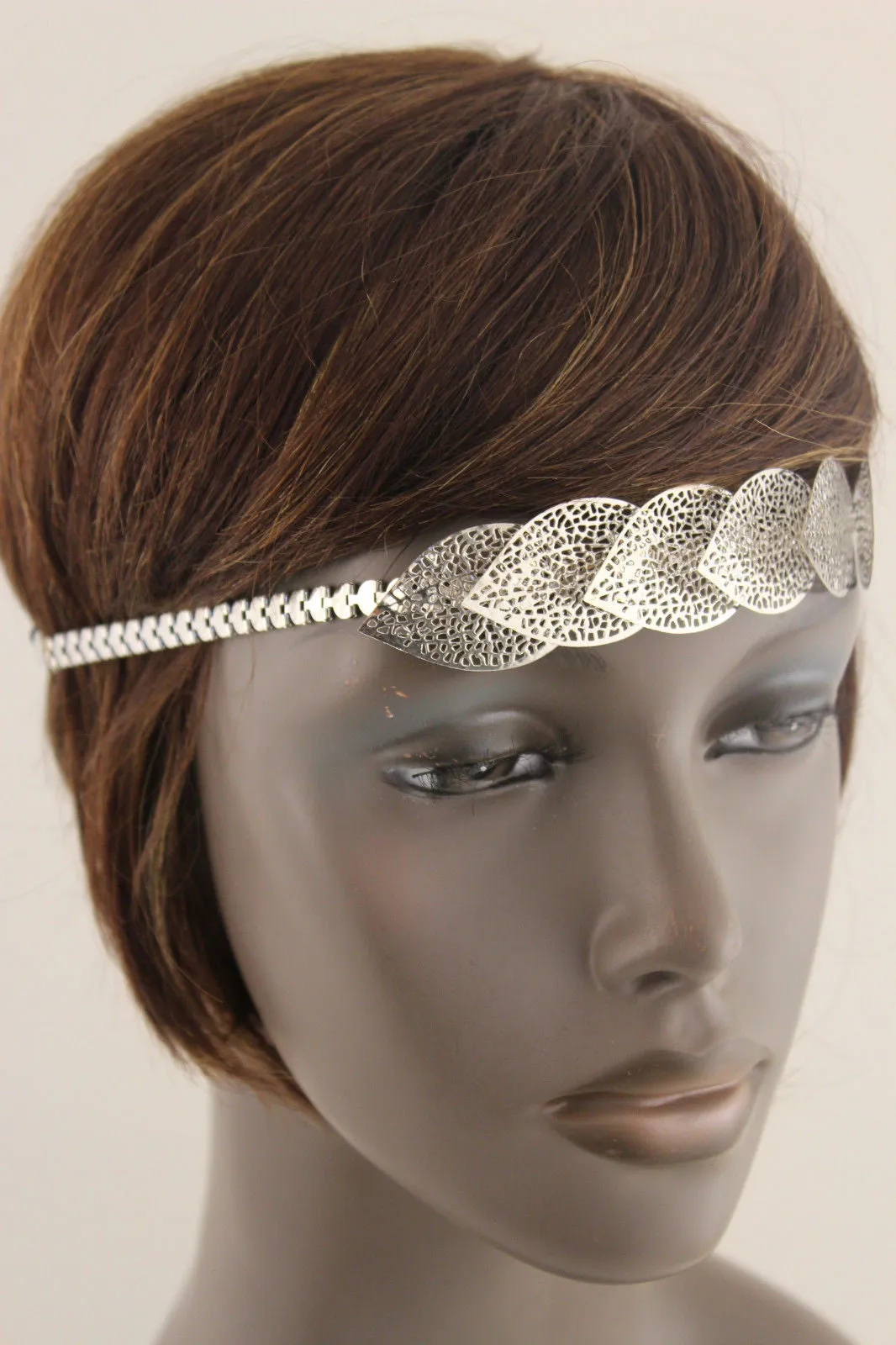 Gold Silver Metal Head Band Chain Big Leaves Lady  Hair Headband