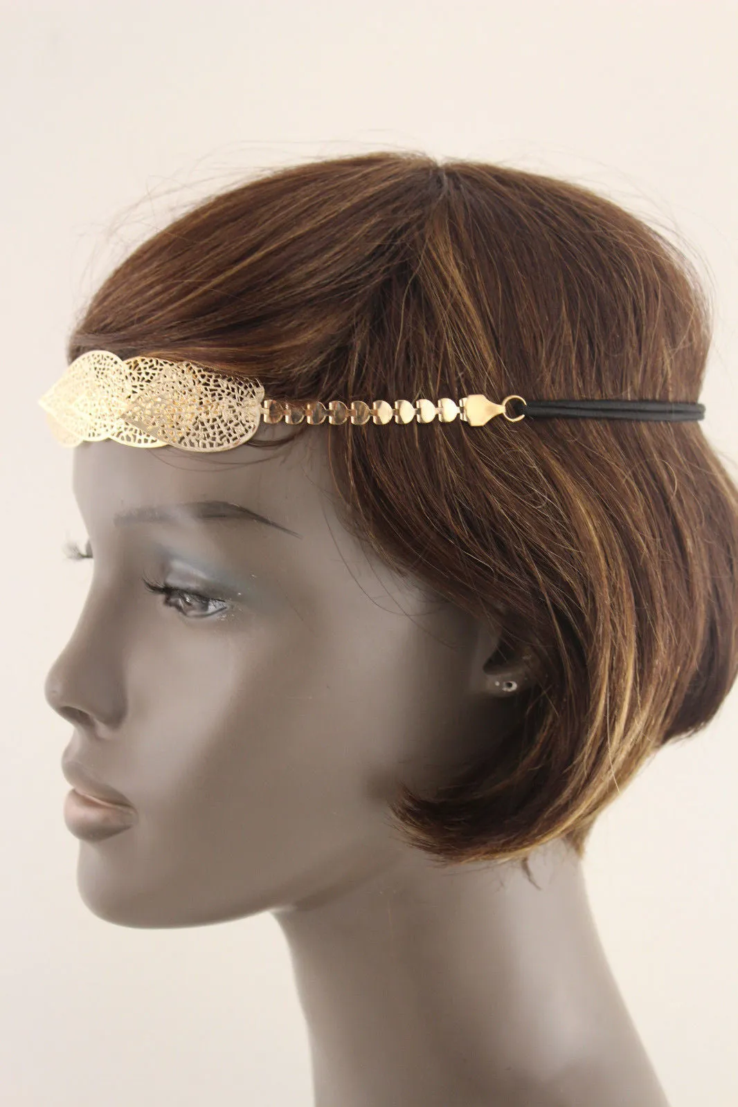 Gold Silver Metal Head Band Chain Big Leaves Lady  Hair Headband
