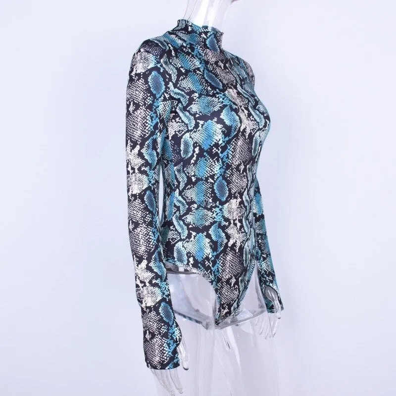 Jasmin Snake Skin High Turtleneck Long Sleeve Python Bodysuit
