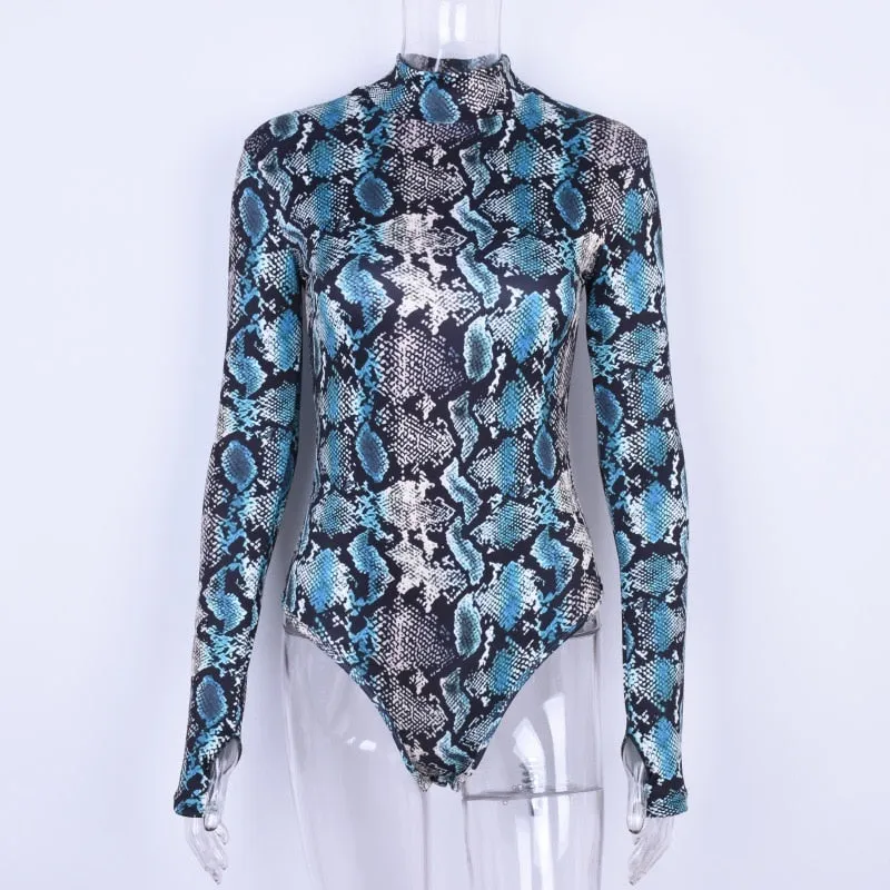 Jasmin Snake Skin High Turtleneck Long Sleeve Python Bodysuit