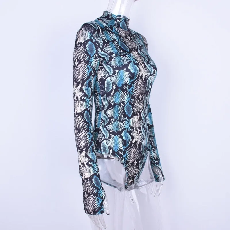Jasmin Snake Skin High Turtleneck Long Sleeve Python Bodysuit