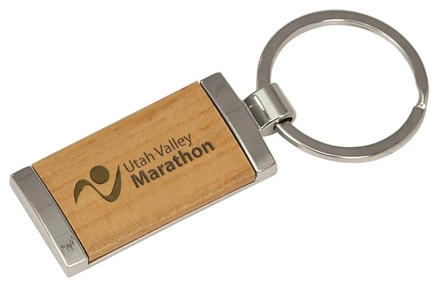 Keychain - Silver & Wooden Rectangle