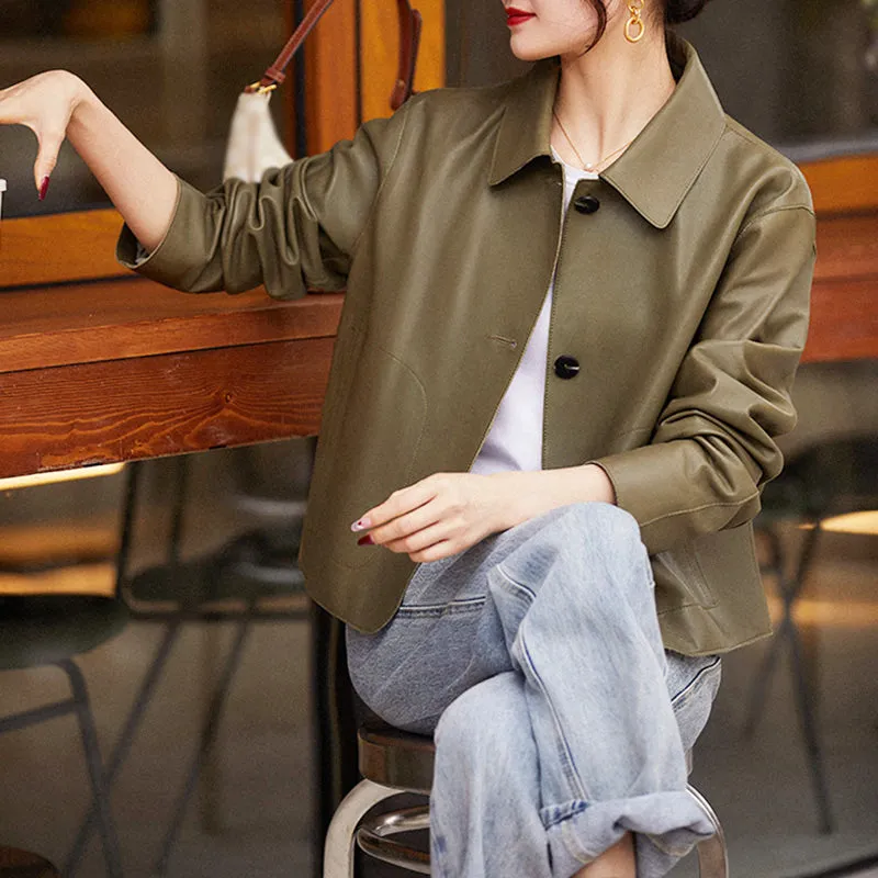 Lady Oversize Leather Jackets Fashion Green Color Sheepskin Leather Coats Women Retro Clothes New Arrivals ZM4048