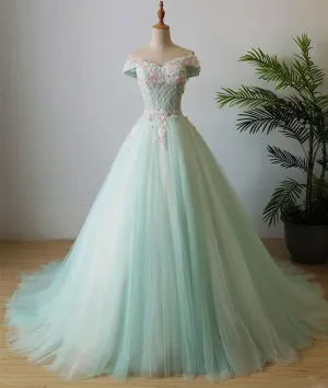 Mint V Neck Tulle Beads Long Prom Dress