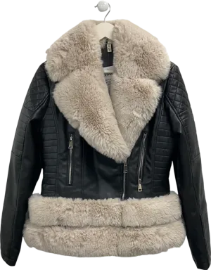 mochy Black Faux Leather Jacket With Fur Effect Trim UK M