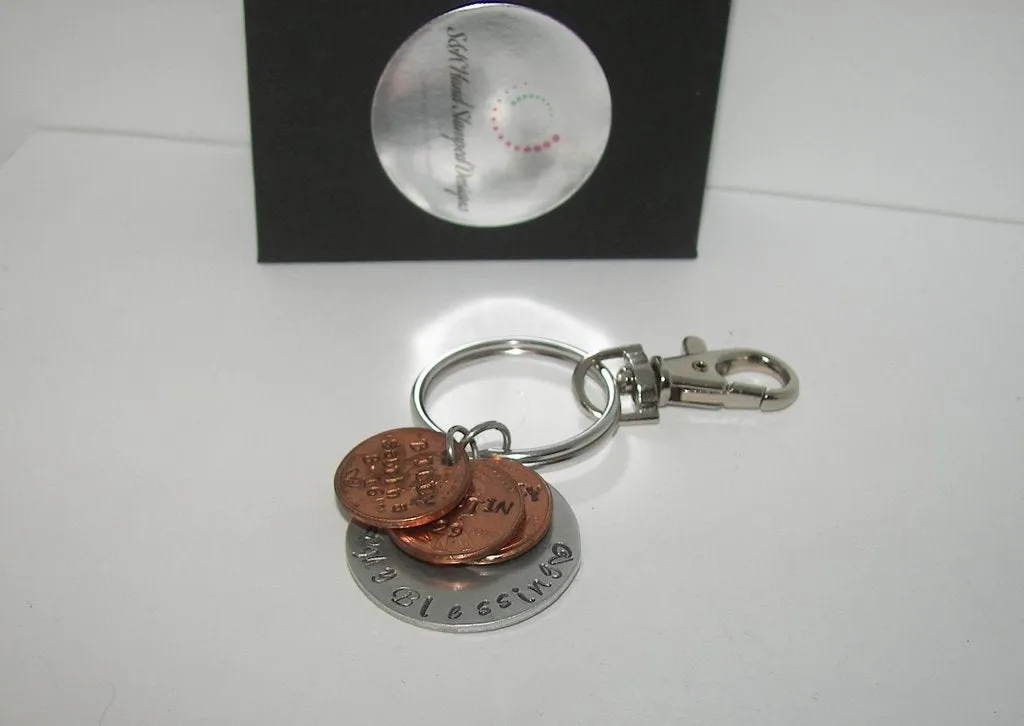My blessing keychain with name and year penny , personalized penny jewelry , custom hand stamped jewelry and keychainshandstamped jewelry