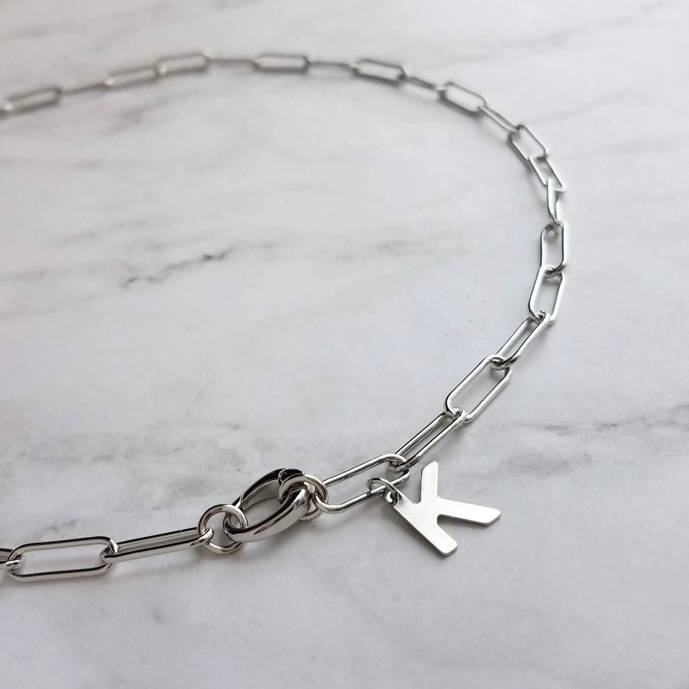 Paperclip Chain Necklace - stainless steel necklace, chunky chain, steel letter necklace, oval chain, initial charm, front clasp, oval clasp