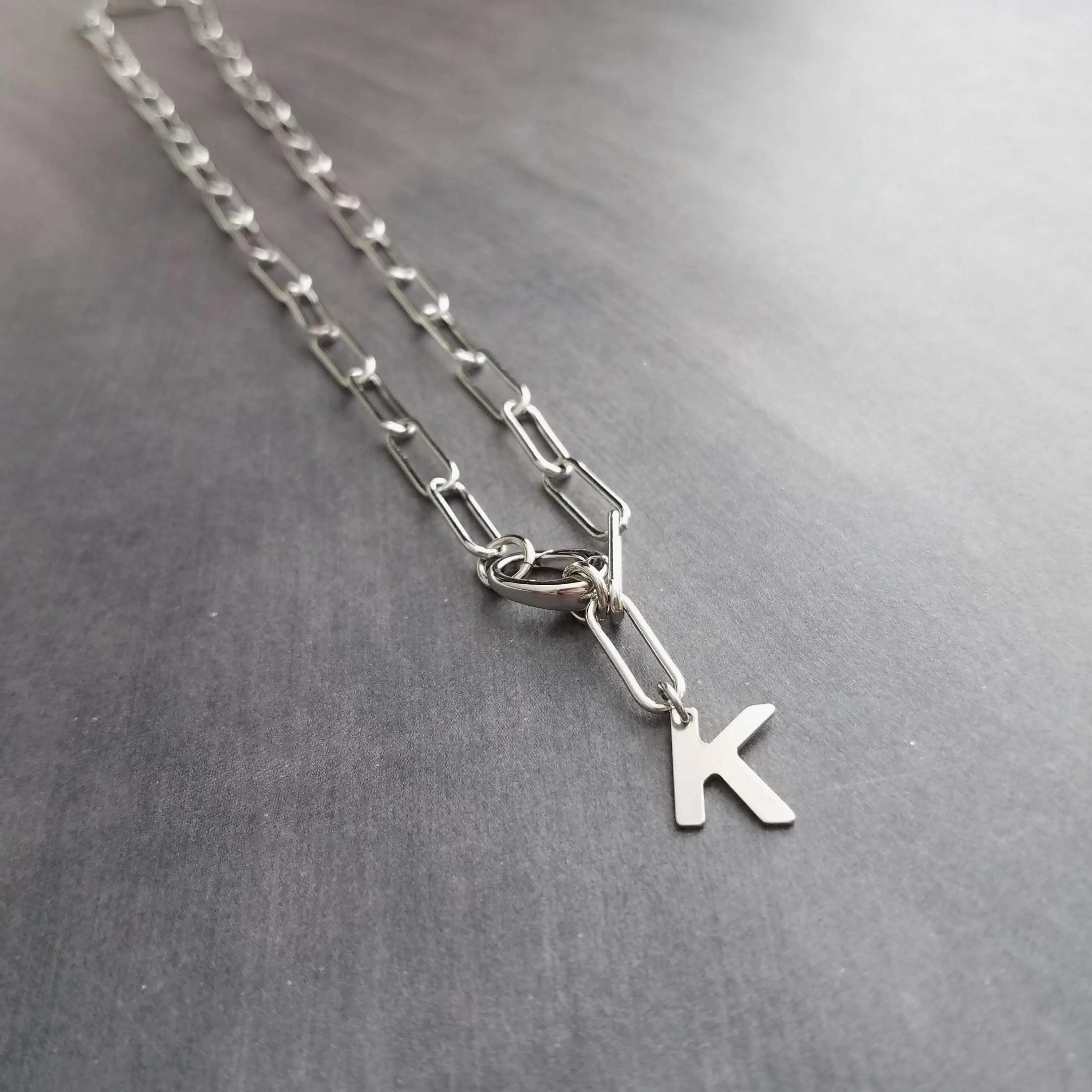 Paperclip Chain Necklace - stainless steel necklace, chunky chain, steel letter necklace, oval chain, initial charm, front clasp, oval clasp
