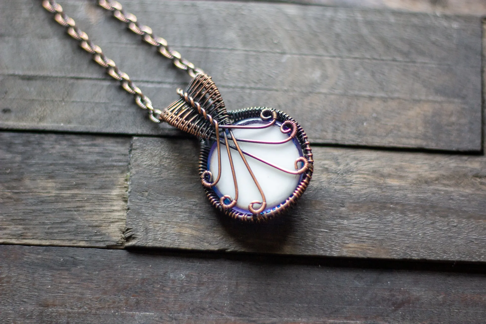 Purple and Blue Flower in Bloom Copper Wire Wrapped Pendant