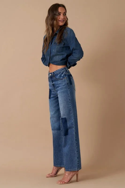 Relaxed Wide Leg Patchwork Blue Jeans