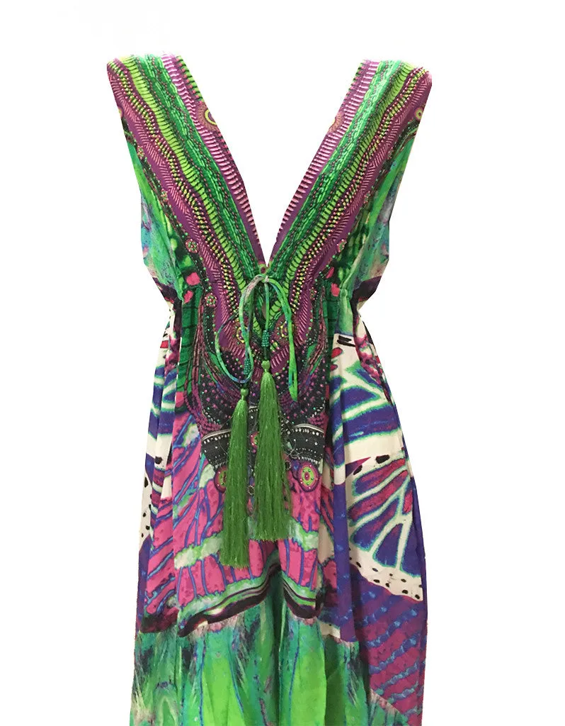 Shahida Parides V-Neck Embellished High-Low Dress in Green/Purple
