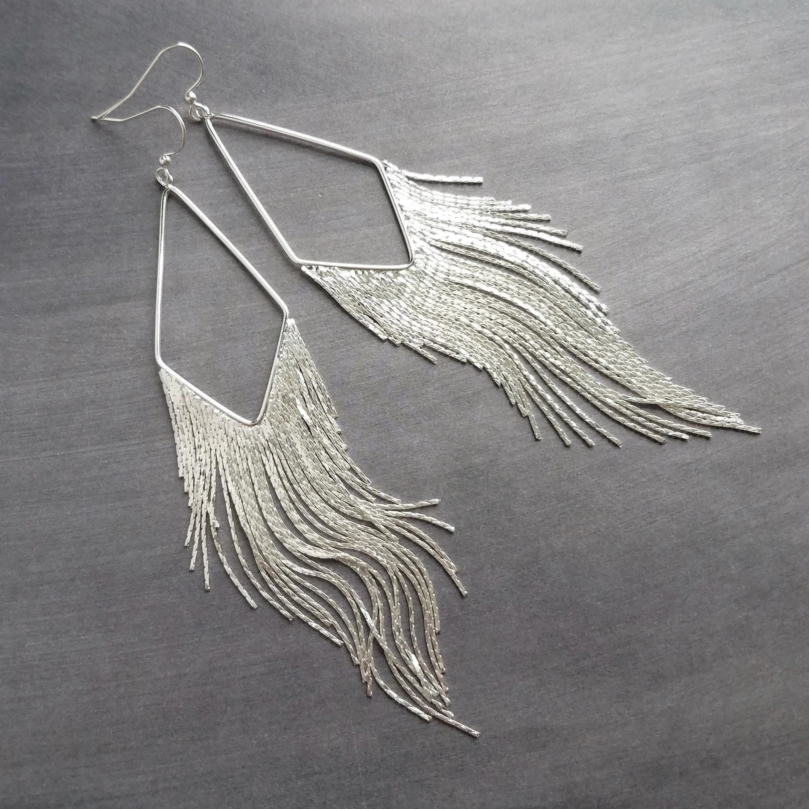 Silver Chain Earrings - long chain fringe, snake chain, chain tassel, v shape chandelier, silver chain earring, long chain tassel, bold 6"