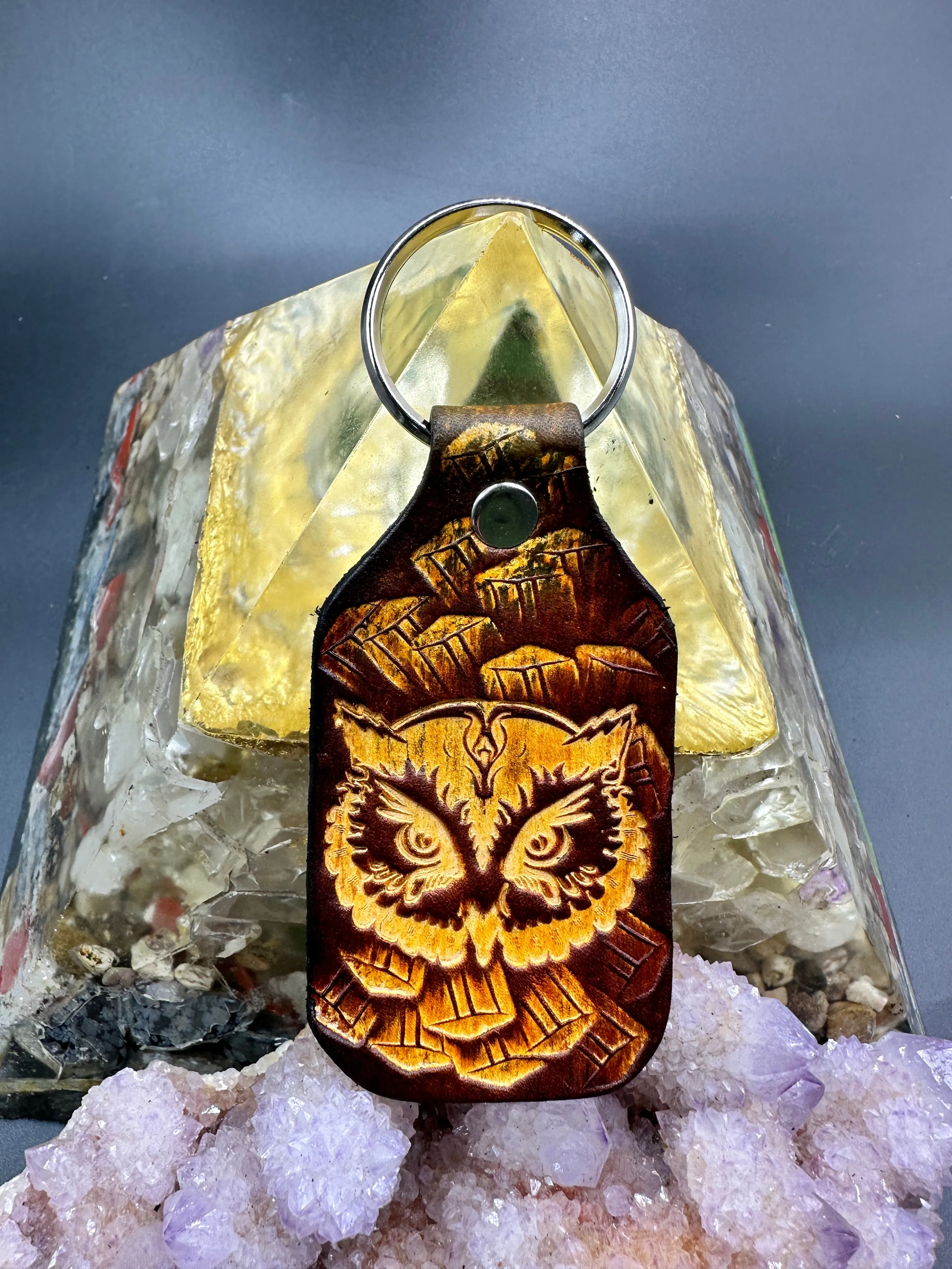Stamped Leather Keychain - Owl