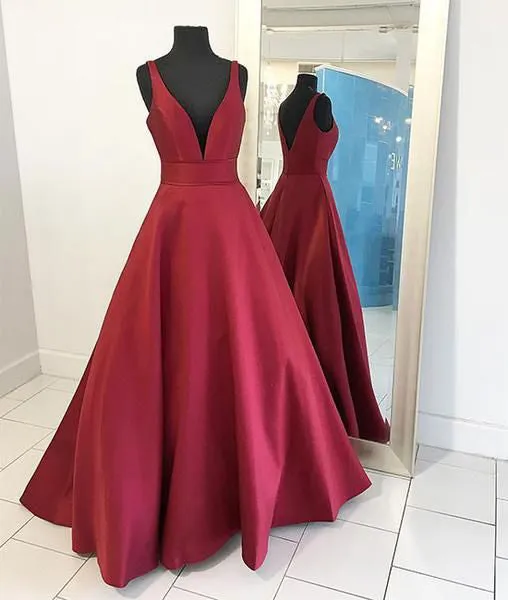 V-neck Burgundy Satin Prom Dress
