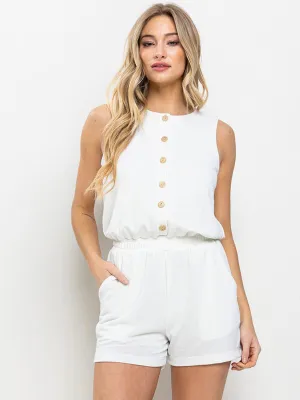 WOMEN'S SLEEVELESS ELASTIC WAIST POCKETS BUTTON UP ROMPER
